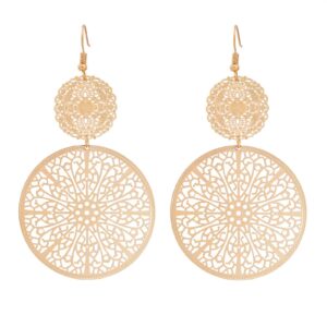 filigree disc drop earrings double round disc statement earrings metallic brass disc dangle hook earrings