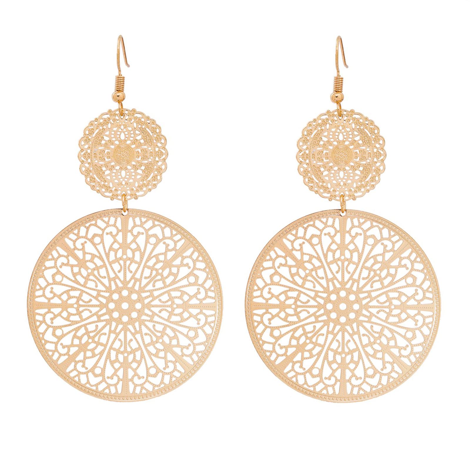 Filigree Disc Drop Earrings Double Round Disc Statement Earrings Metallic Brass Disc Dangle Hook Earrings