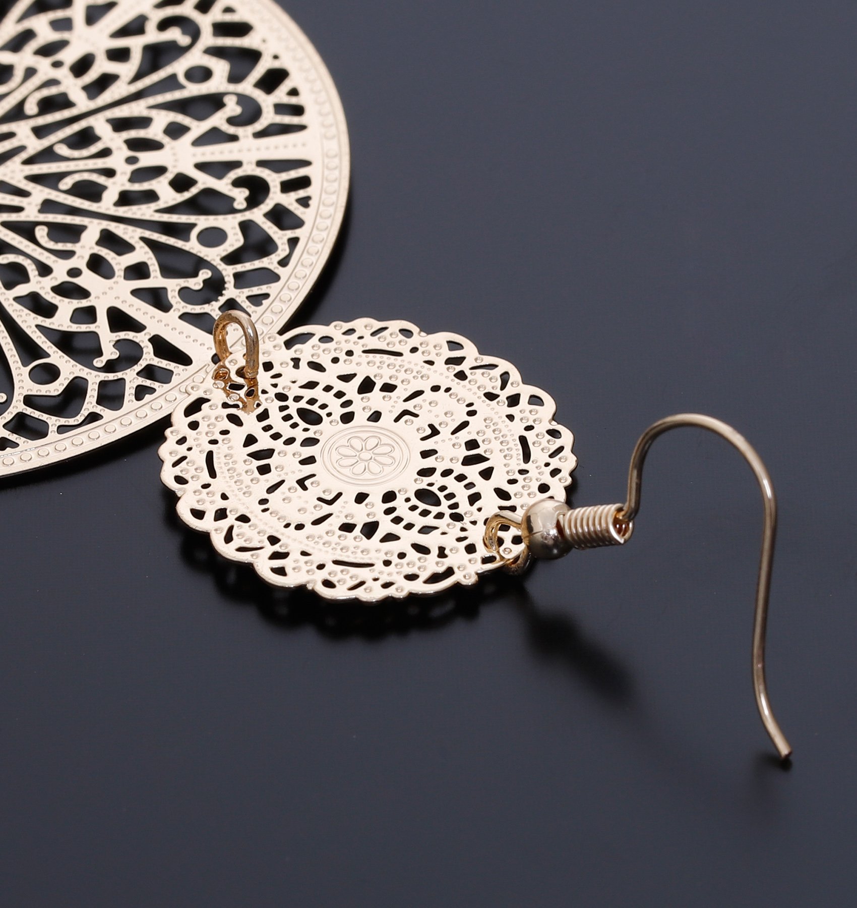 Filigree Disc Drop Earrings Double Round Disc Statement Earrings Metallic Brass Disc Dangle Hook Earrings