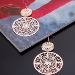 Filigree Disc Drop Earrings Double Round Disc Statement Earrings Metallic Brass Disc Dangle Hook Earrings