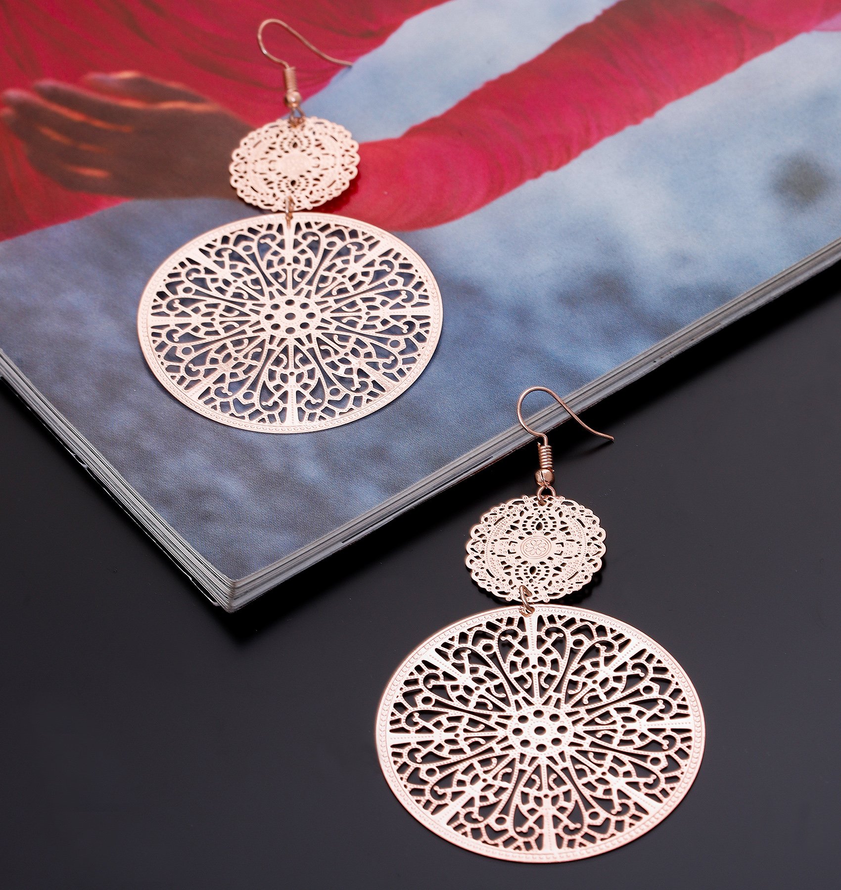 Filigree Disc Drop Earrings Double Round Disc Statement Earrings Metallic Brass Disc Dangle Hook Earrings