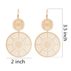 Filigree Disc Drop Earrings Double Round Disc Statement Earrings Metallic Brass Disc Dangle Hook Earrings