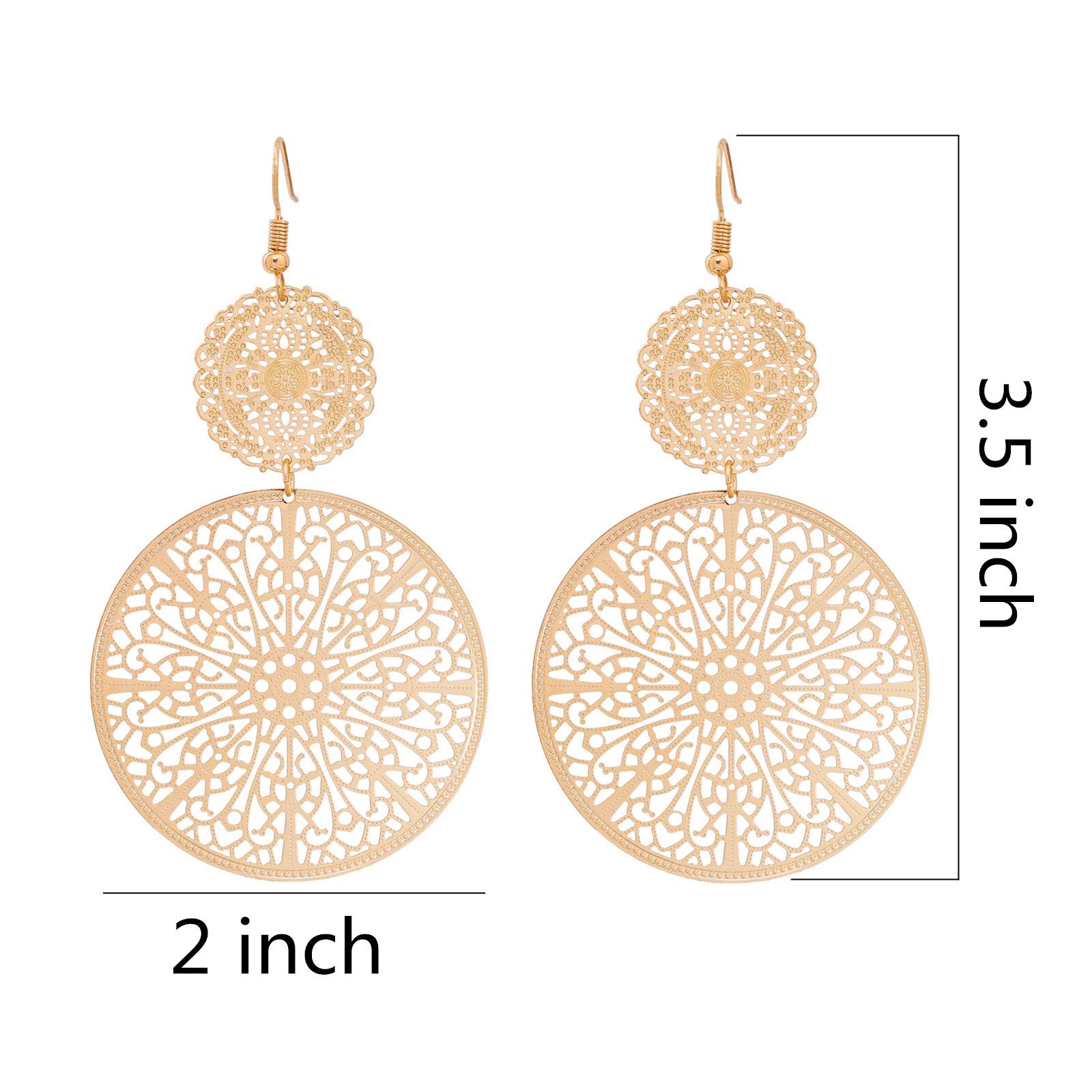 Filigree Disc Drop Earrings Double Round Disc Statement Earrings Metallic Brass Disc Dangle Hook Earrings