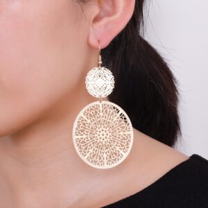 Filigree Disc Drop Earrings Double Round Disc Statement Earrings Metallic Brass Disc Dangle Hook Earrings