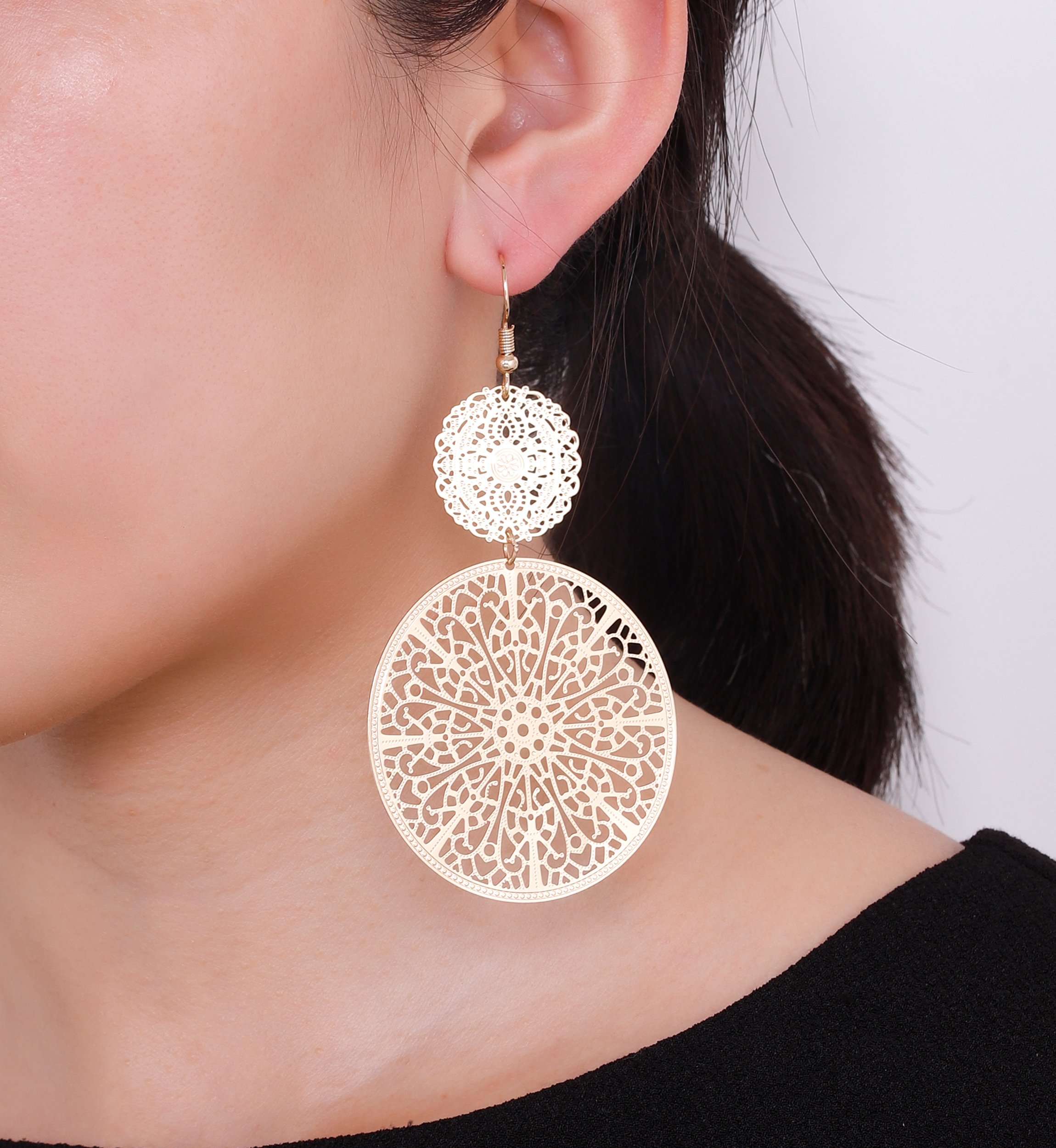 Filigree Disc Drop Earrings Double Round Disc Statement Earrings Metallic Brass Disc Dangle Hook Earrings