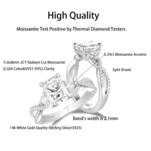 DovEggs Moissanite Engagement Rings for Women 2ct 6X8mm GHI Radiant Cut Moissanite Split Shank Wedding Ring Set 14K Gold Quality Sterling Silver(Engagement Ring Only, 8.5)