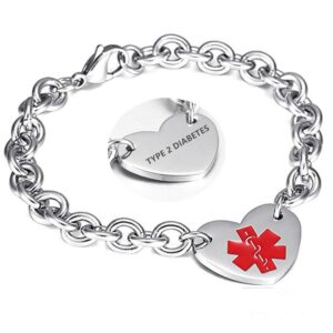 LF 316L Stainless Steel TYPE 2 DIABETES Engraved Medical Alert Heart Charm Link Bracelet Rolo Chain Medic ID Bracelets Monitoring Awareness for Womens for Outdoor Emergency