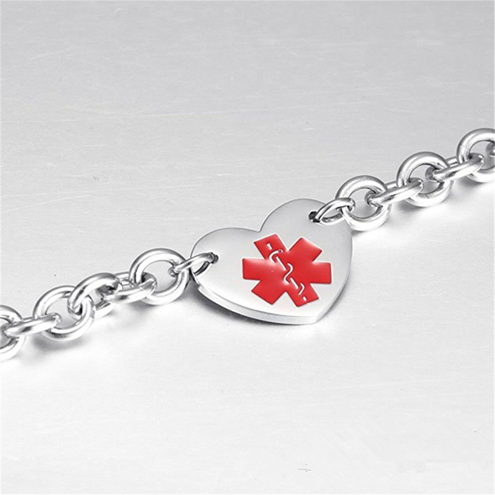 LF 316L Stainless Steel TYPE 2 DIABETES Engraved Medical Alert Heart Charm Link Bracelet Rolo Chain Medic ID Bracelets Monitoring Awareness for Womens for Outdoor Emergency