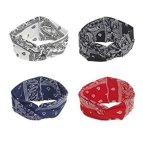 DINPREY Assorted Paisley Print Wide Bandana Knot Headbands Criss Cross Head Wrap Hair Band (4 Colors Pack A)