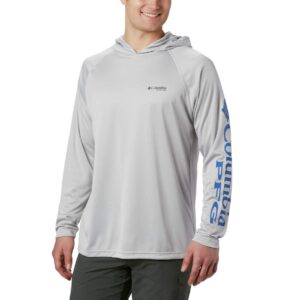 columbia men's terminal tackle hoodie, cool grey/vivid blue logo, large