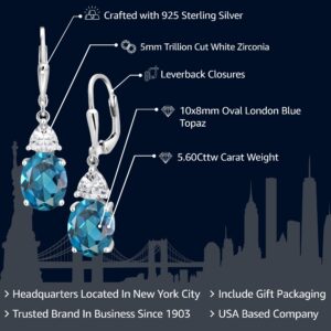 Gem Stone King 925 Sterling Silver London Blue Topaz and White Zirconia Dangle Earrings For Women (5.60 Cttw, Gemstone November Birthstone, Oval 10X8MM, Trillion 5MM)