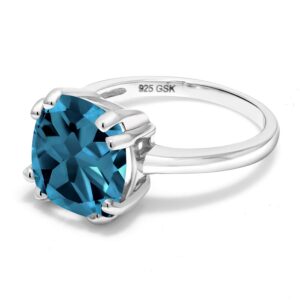 Gem Stone King 4.35 Cttw London Blue Topaz Engagement Double Prong Ring For Women In 925 Sterling Silver | 10MM Cushion Cut | Gemstone Birthstone | Available In Size 5, 6, 7, 8, 9