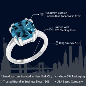 Gem Stone King 4.35 Cttw London Blue Topaz Engagement Double Prong Ring For Women In 925 Sterling Silver | 10MM Cushion Cut | Gemstone Birthstone | Available In Size 5, 6, 7, 8, 9