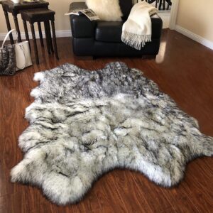 LAMBZY Faux Sheepskin Super Soft Free Shape Silky Shag Rug, Luxury Shaggy Silky Plush Carpet for Bedrooms Rugs Living Room Sofa Floor Rugs (4 Pelts 4'x6', 120cm X 180cm White with Black Tips)