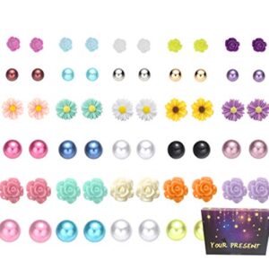 Pibupibu 30 Pairs Mix Pearls Ball Daisy Rose Flower Assorted Earrings Studs Set, Hypoallergenic (30 Balls+Flowers)