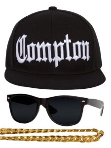 gravity threads compton 80s rapper costume kit flat bill hat w sunglasses, chain - black