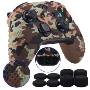 9cdeer studded protective customize transfer printing silicone cover skin sleeve case + 8 thumb grips analog caps for xbox one/s/x controller brown camouflage compatible with official stereo headset