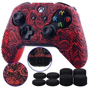 9cdeer studded protective customize transfer printing silicone cover skin sleeve case + 8 thumb grips analog caps for xbox one/s/x controller leaves red compatible with official stereo headset