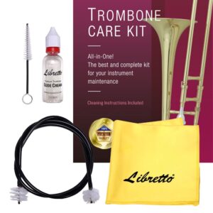 libretto trombone all-inclusive care kit: flexible bore brush + mouthpiece brush + slide oil+ microfiber cleaning cloth + slide grease, w/handy case, time to clean & extend life of your trombone!