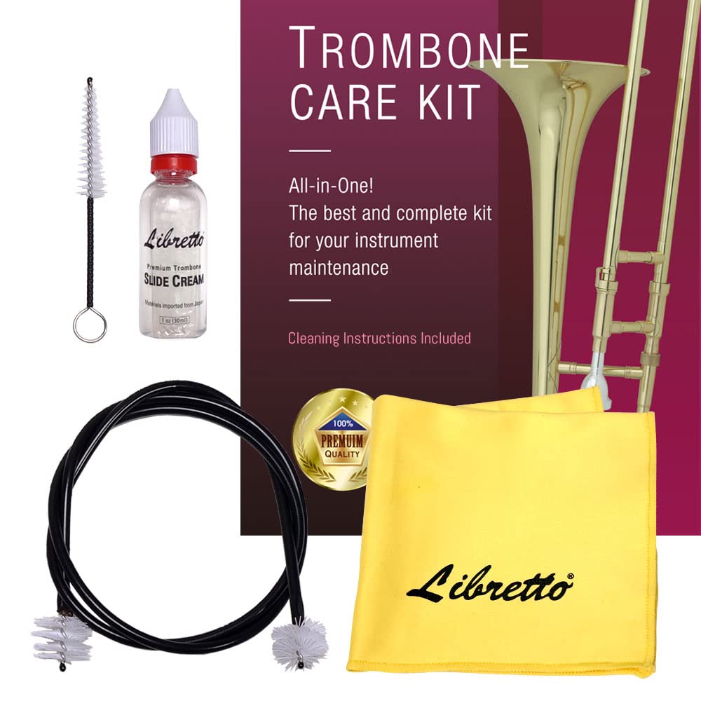 Libretto Trombone ALL-INCLUSIVE Care Kit: Flexible Bore Brush + Mouthpiece Brush + Slide Oil+ Microfiber Cleaning Cloth + Slide Grease, w/Handy Case, Time to Clean & Extend Life of your Trombone!