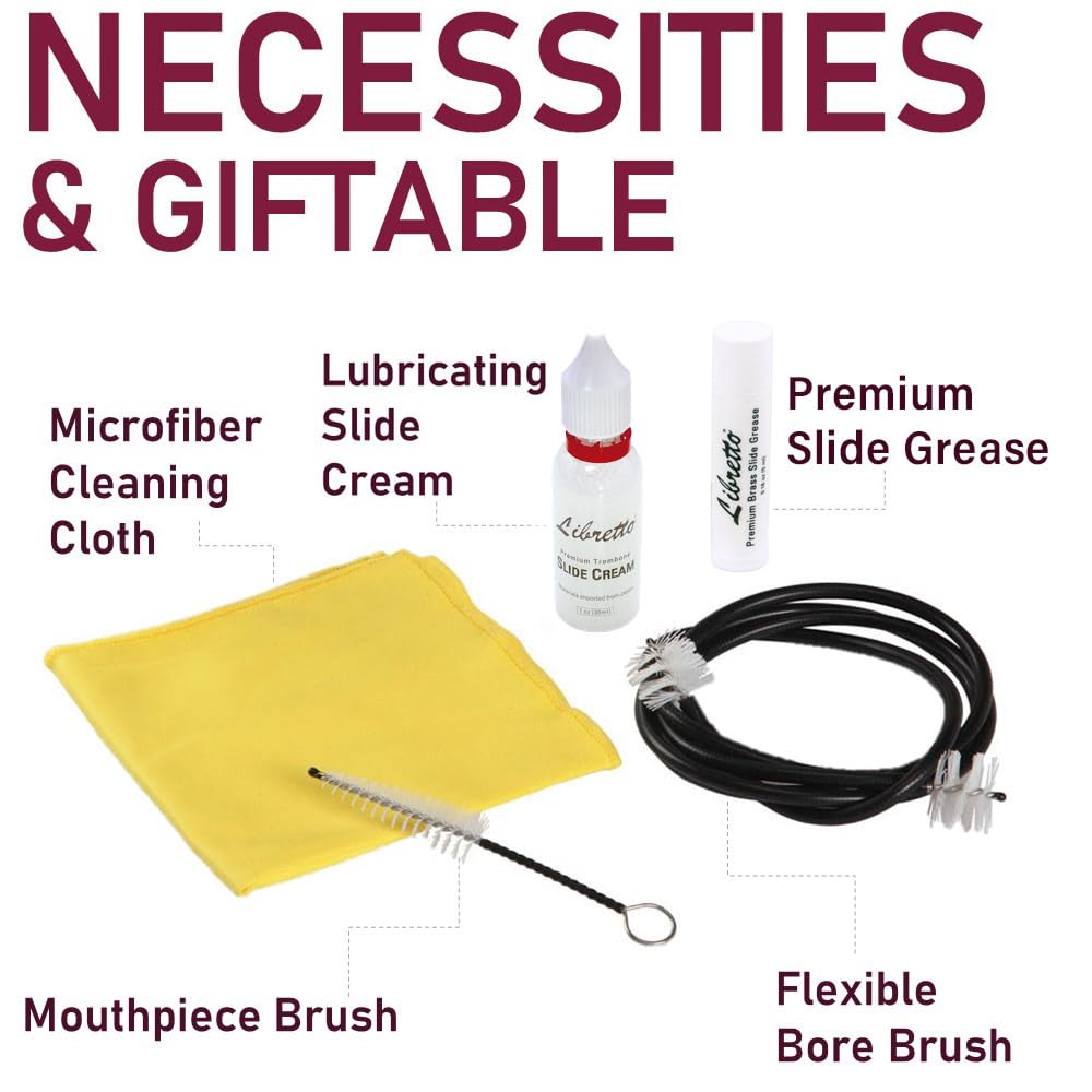 Libretto Trombone ALL-INCLUSIVE Care Kit: Flexible Bore Brush + Mouthpiece Brush + Slide Oil+ Microfiber Cleaning Cloth + Slide Grease, w/Handy Case, Time to Clean & Extend Life of your Trombone!