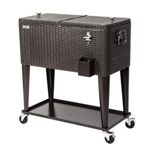 VINGLI 80 Quart Rolling Ice Chest, Portable Patio Party Bar Drink Cooler Cart, with Shelf, Beverage Pool with Bottle Opener (Brown)