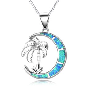 SOULMEET Palm Tree Blue Simulated Opal Moon Necklace, Sterling Silver Palm Tree Jewelry for Her, Summer Beach Style October Birthstone Christmas Gift Idea