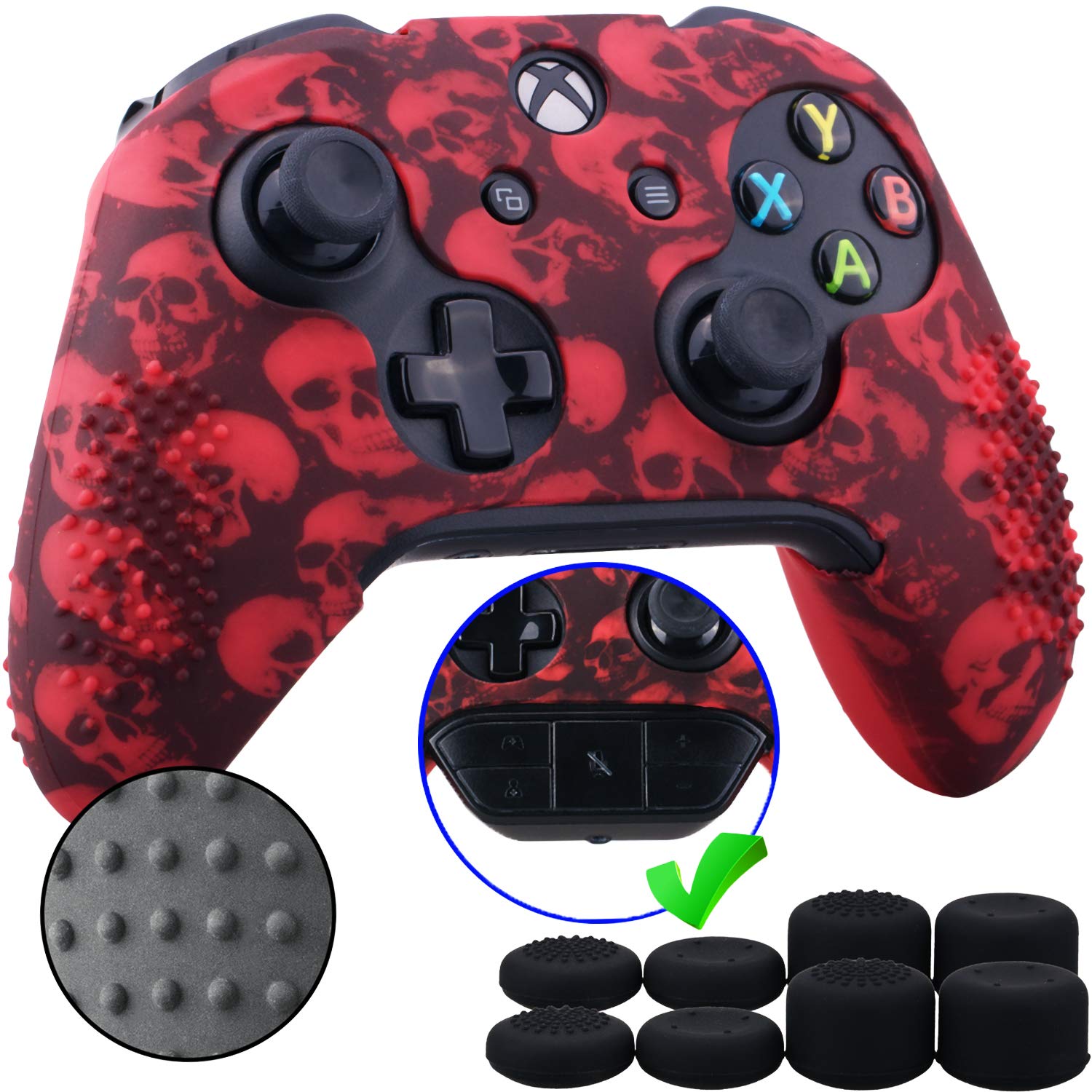 9CDeer Studded Protective Customize Transfer Printing Silicone Cover Skin Sleeve Case + 8 Thumb Grips Analog Caps for Xbox One/S/X Controller Skull Red Compatible with Official Stereo Headset