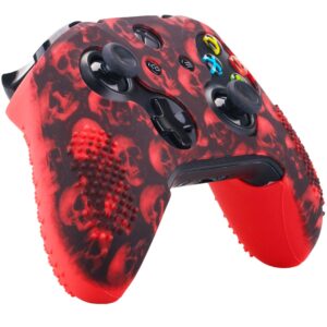 9CDeer Studded Protective Customize Transfer Printing Silicone Cover Skin Sleeve Case + 8 Thumb Grips Analog Caps for Xbox One/S/X Controller Skull Red Compatible with Official Stereo Headset