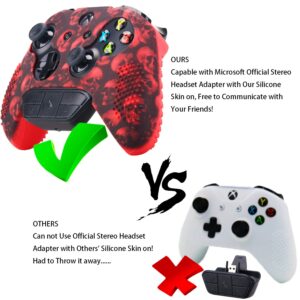 9CDeer Studded Protective Customize Transfer Printing Silicone Cover Skin Sleeve Case + 8 Thumb Grips Analog Caps for Xbox One/S/X Controller Skull Red Compatible with Official Stereo Headset