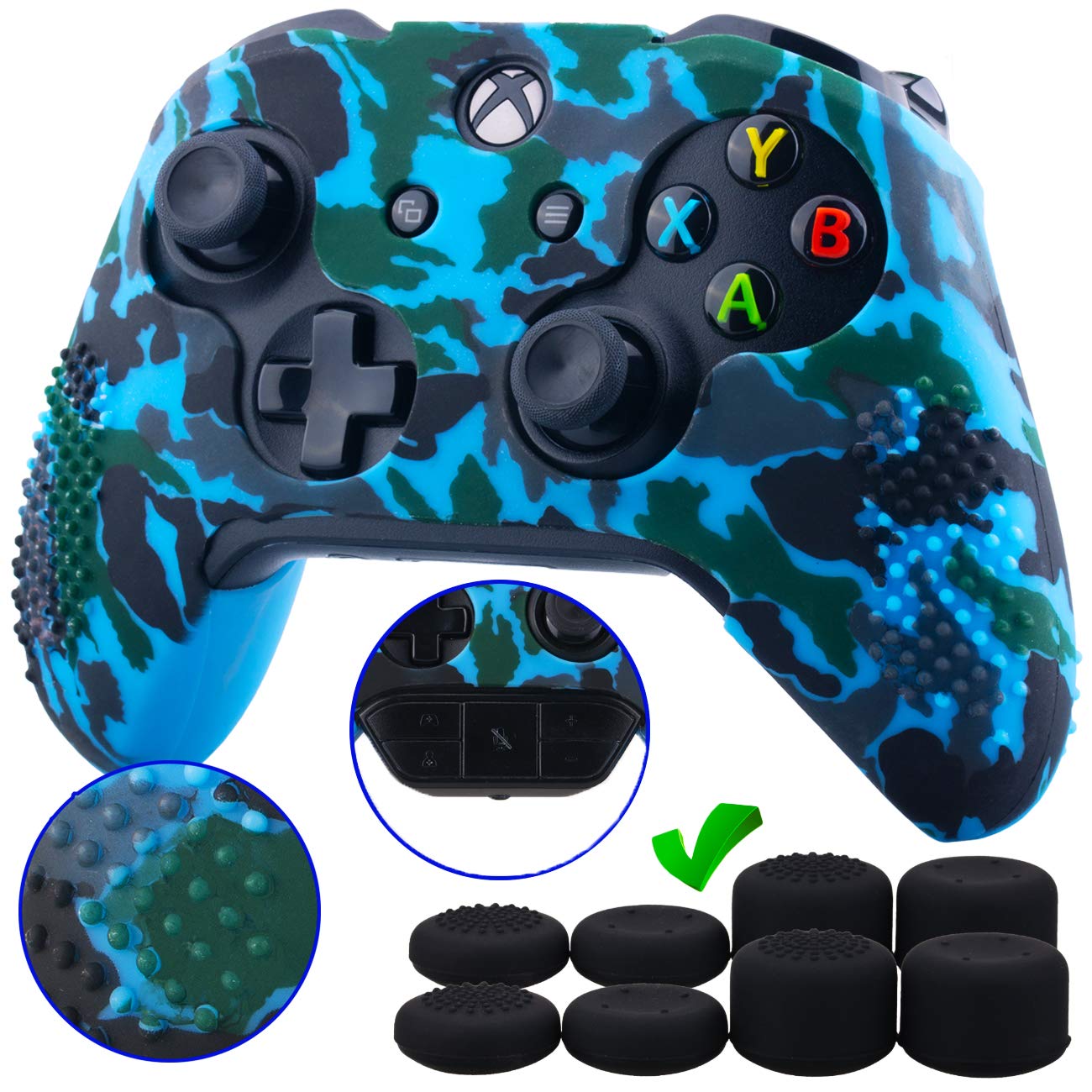 9CDeer Studded Protective Customize Transfer Printing Silicone Cover Skin Sleeve Case + 8 Thumb Grips Analog Caps for Xbox One/S/X Controller Camouflage Blue Compatible with Official Stereo Headset