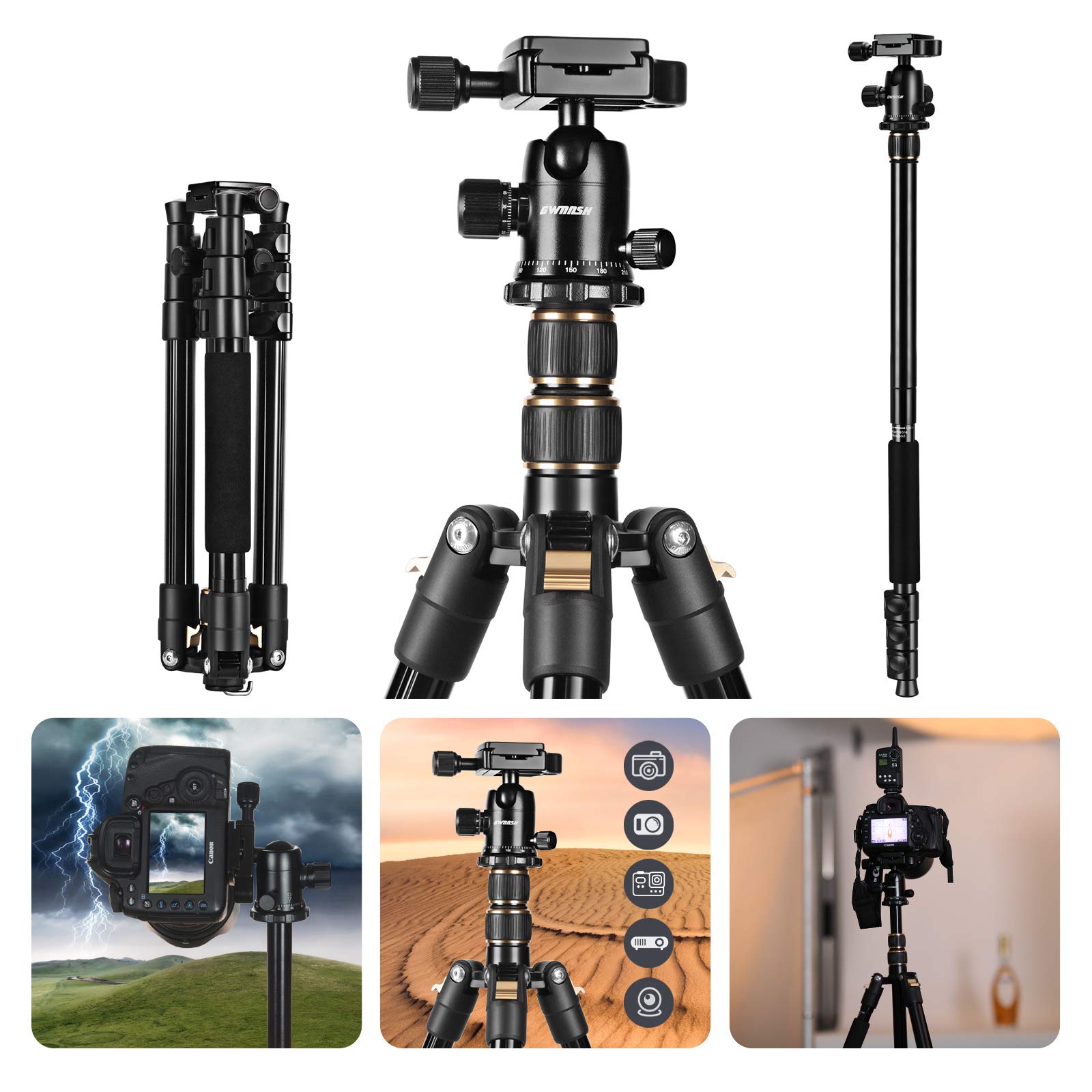 GWNNSH Camera Lightweight Travel Tripod, 58” Detachable Monopod, Aluminum Ball Head Stand 3 X Control Knobs with Calibration, DSLR QR Plate, Level Indicator, Flip Lock Design. Dare to Compare