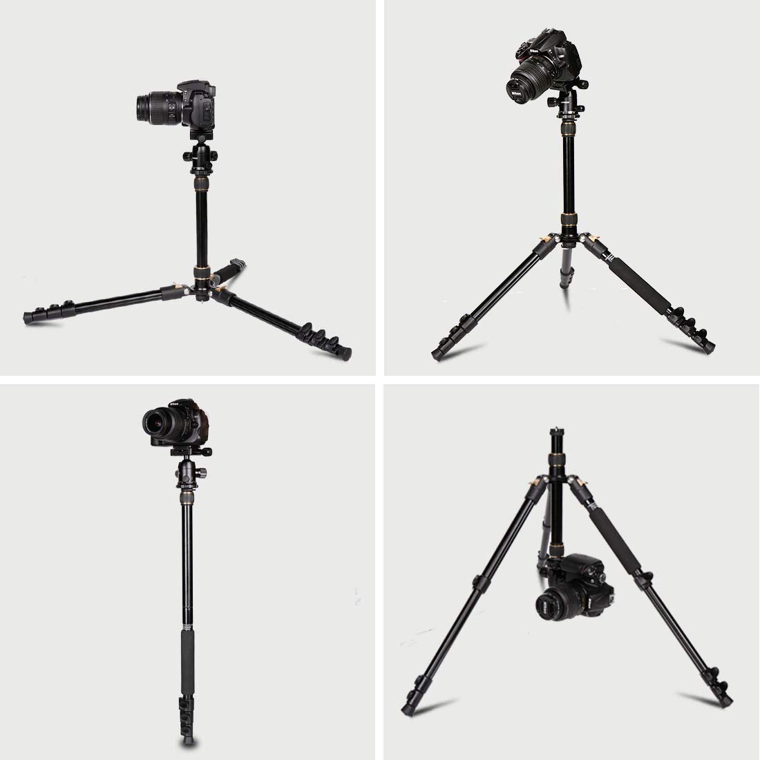 GWNNSH Camera Lightweight Travel Tripod, 58” Detachable Monopod, Aluminum Ball Head Stand 3 X Control Knobs with Calibration, DSLR QR Plate, Level Indicator, Flip Lock Design. Dare to Compare