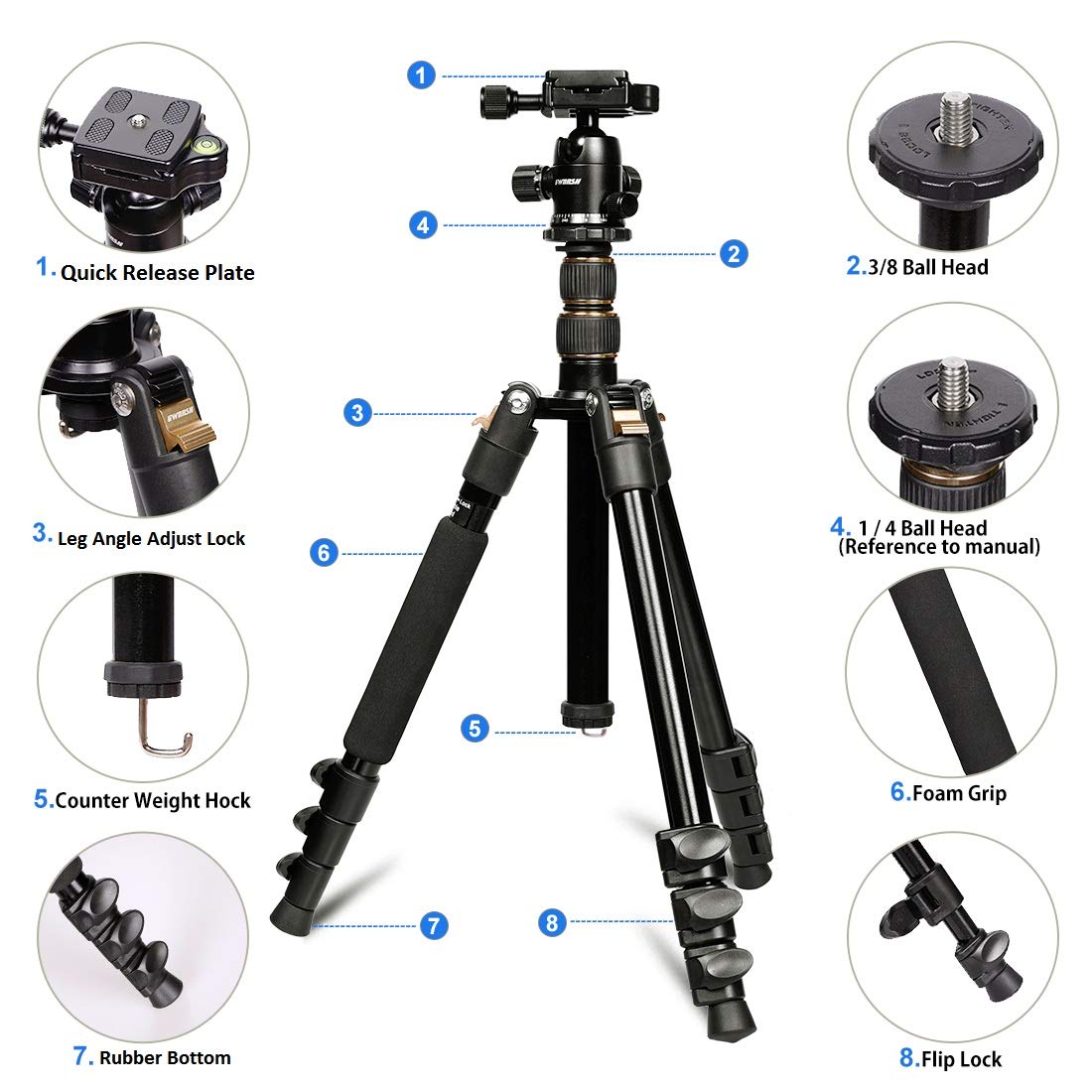 GWNNSH Camera Lightweight Travel Tripod, 58” Detachable Monopod, Aluminum Ball Head Stand 3 X Control Knobs with Calibration, DSLR QR Plate, Level Indicator, Flip Lock Design. Dare to Compare