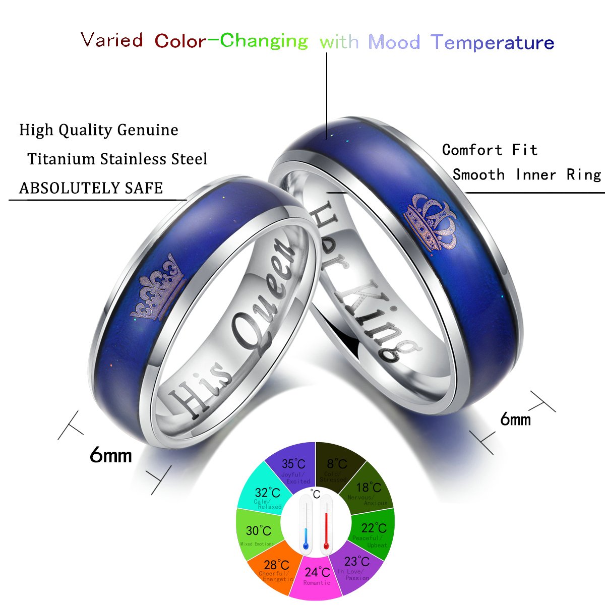 KAIYUFU Jewelers Her King His Queen Rings Imperial Crown Stainless Steel Mood Ring Changing Color Romantic Matching Wedding Band Gifts Women Size US 7