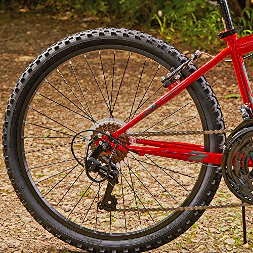 Huffy Stone Mountain Boys 24 Inch Mountain Bike, Red Gloss Frame, 21-Speed Shimano Twist Shifting, Front Suspension, Comfort Saddle | 20"/24"/26" Sizes, 6-21 Speeds, Dual Suspension Available |