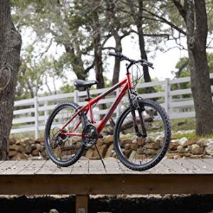 Huffy Stone Mountain Boys 24 Inch Mountain Bike, Red Gloss Frame, 21-Speed Shimano Twist Shifting, Front Suspension, Comfort Saddle | 20"/24"/26" Sizes, 6-21 Speeds, Dual Suspension Available |