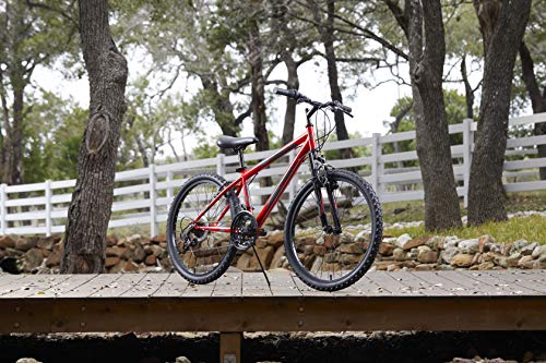 Huffy Stone Mountain Boys 24 Inch Mountain Bike, Red Gloss Frame, 21-Speed Shimano Twist Shifting, Front Suspension, Comfort Saddle | 20"/24"/26" Sizes, 6-21 Speeds, Dual Suspension Available |