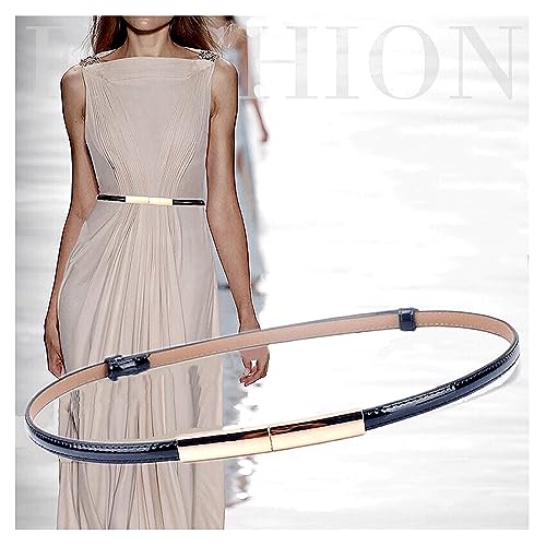 Women's Belt Dress Fashion Patent Leather Belts Adjustable 22"- 36" Skinny Slim Belt Genuine Leather Gold Color Buckle Waistband, Black