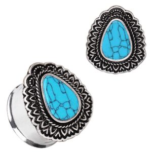 316L Stainless Steel Ornate Teardrop WildKlass Plug with Turquoise Inlay (3/4")