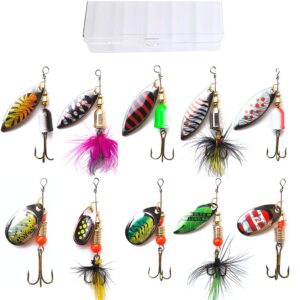 kingforest 10pcs fishing lures spinnerbait for bass trout salmon walleye hard metal spinner baits kit with tackle box