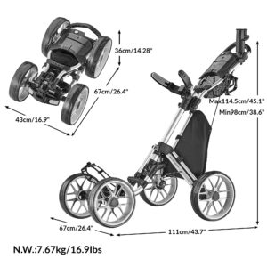 caddytek Caddycruiser One Version 8 - One-Click Folding 4 Wheel Golf Push Cart, Silver