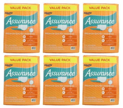 Equate Assurance Maximum Absorbency Unisex Premium Quilted Underpad Value Pack, XL, 30 Count (Pack of 6)