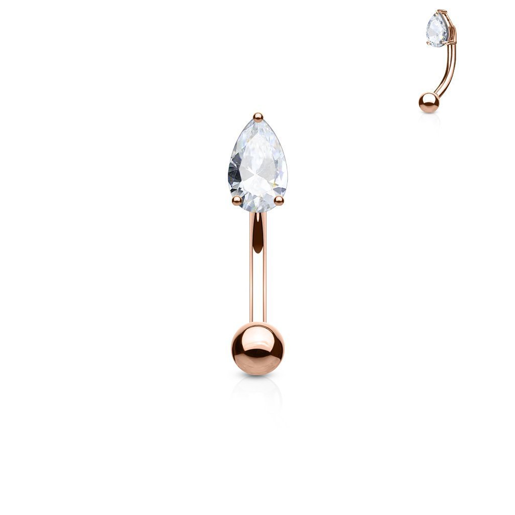 Tear Drop CZ Prong Set Top 316L Surgical Steel Eyebrow Rings/Curved Barbells (Rose Gold/Clear)