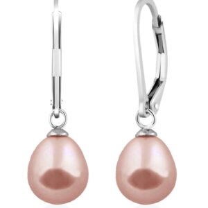 Splendid Pearls 925 Sterling Silver 8mm Genuine Pearls Freshwater Cultured Lever-back Dangling Earrings for Women (Pink)