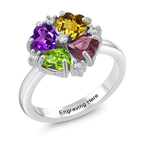 Gem Stone King 925 Sterling Silver Personalized Customized 4 Gemstone Birthstone Name Engraved Heart Shape Ring For Women (Available In Size 5, 6, 7, 8, 9)