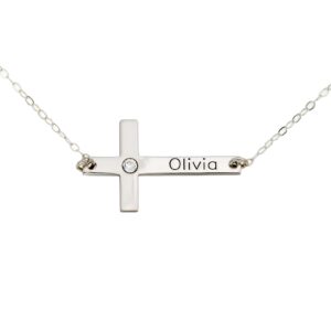 aj's collection personalized cross necklace with birthstone setting. upto 9 characters. choice of sterling silver chain. gift for her keep special name near your heart.