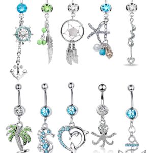 FIBO STEEL 9-10 Pcs Dangle Belly Button Rings for Women 316L Surgical Steel Curved Navel Barbell Body Jewelry Piercing