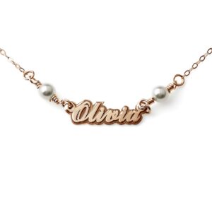 AJ's Collection Petite Nameplate Sterling Silver Necklace With Swarovski Pearls. Choice Sterling Silver, 14K Gold Plated or 14K Rose Gold