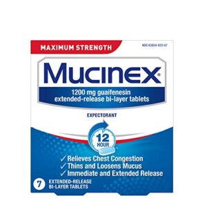 mucinex 12 hour maximum strength 1200 mg guaifenesin extended-release tablets for excess mucus relief, expectorant aids excess mucus removal, chest congestion relief, 7 tablets